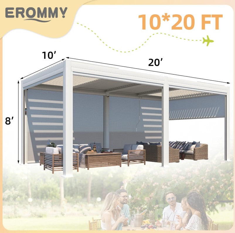 EROMMY 10x20 Pergola with Remote-Controlled Shade & LED Lights SP-EY-US-WQG100BK