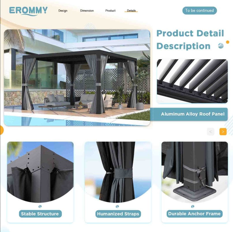 EROMMY 12x12 Pergola with Louvered Roof – Dark Grey EY-WQG-204BK