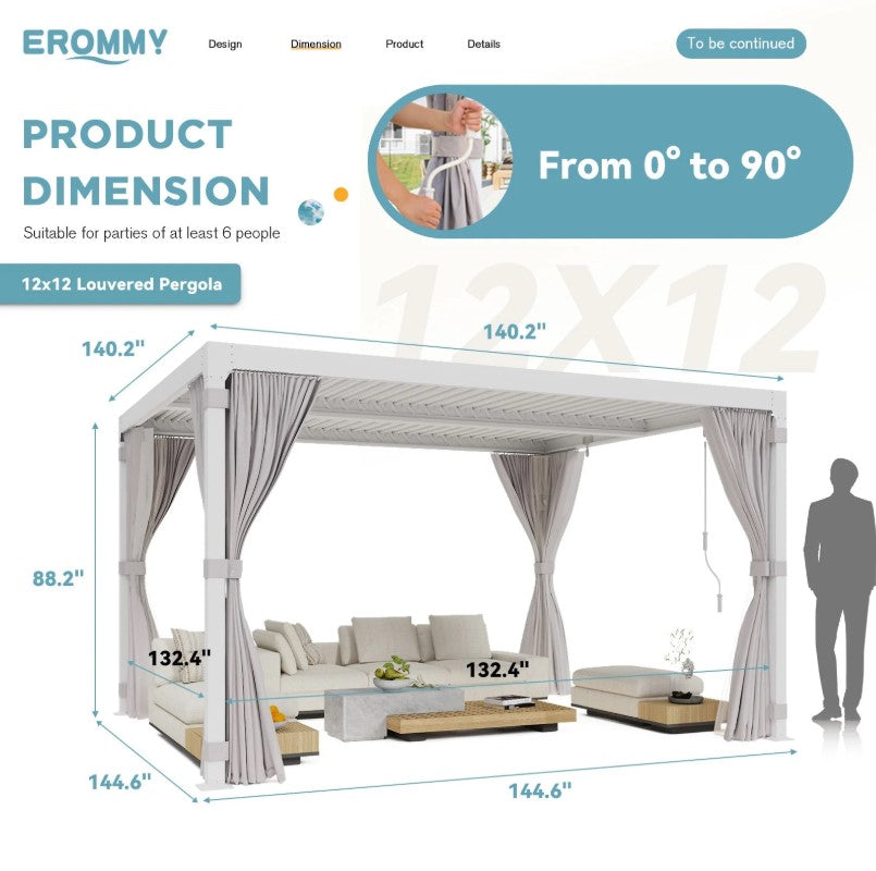 EROMMY 12x12 Pergola with Louvered Roof – Dark Grey EY-WQG-204BK