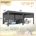 EROMMY 12x20 Pergola with Remote-Controlled Shade & LED Lights SP-EY-US-WQG101BK