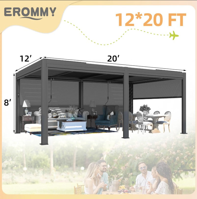 EROMMY 12x20 Pergola with Remote-Controlled Shade & LED Lights SP-EY-US-WQG101BK