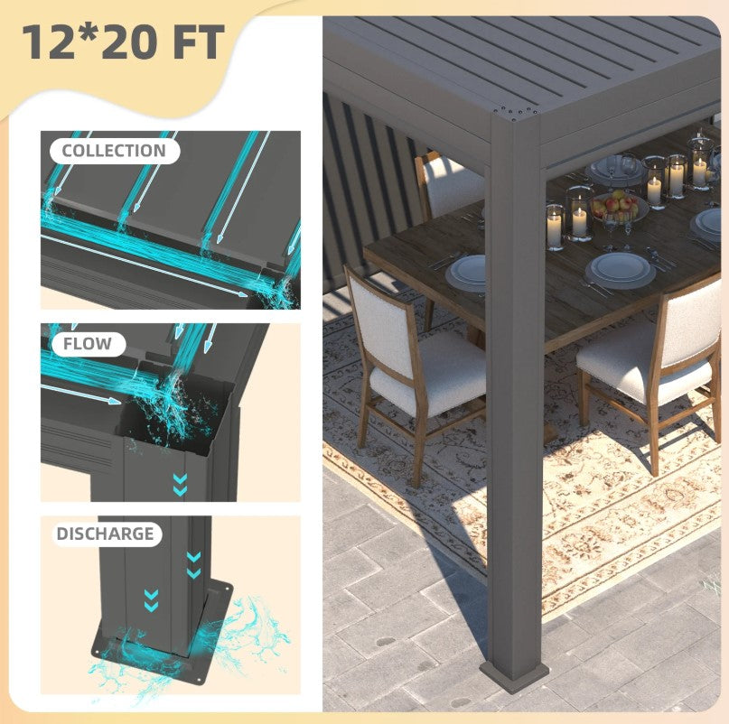 EROMMY 12x20 Pergola with Remote-Controlled Shade & LED Lights SP-EY-US-WQG101BK