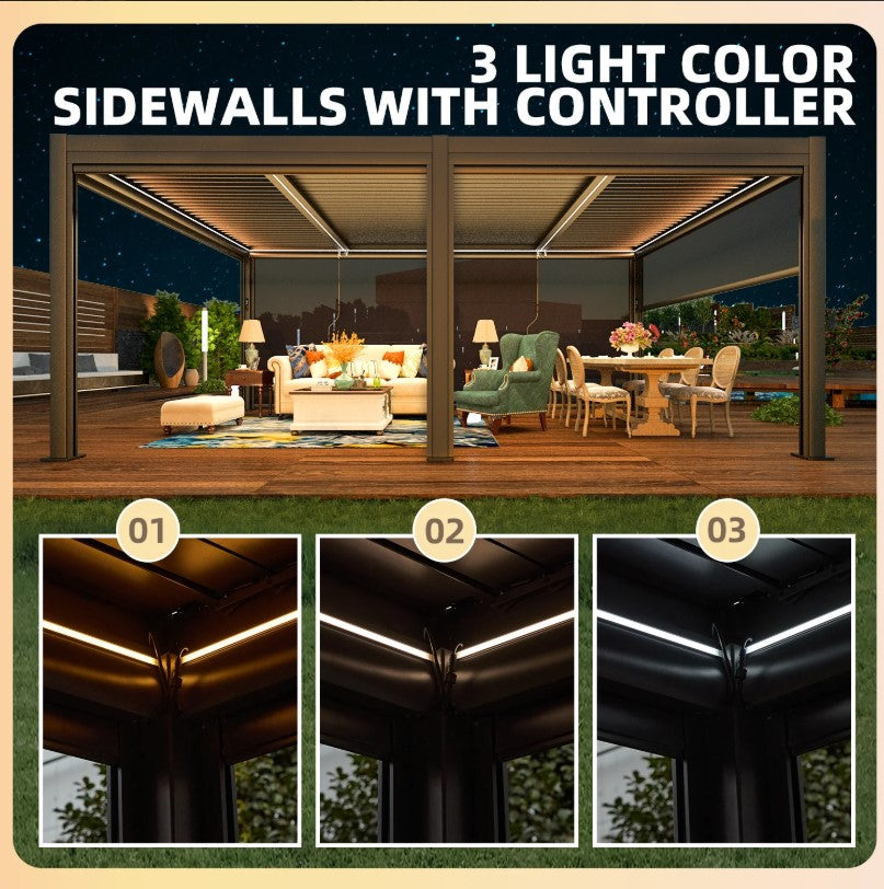 EROMMY 12x20 Pergola with Remote-Controlled Shade & LED Lights SP-EY-US-WQG101BK