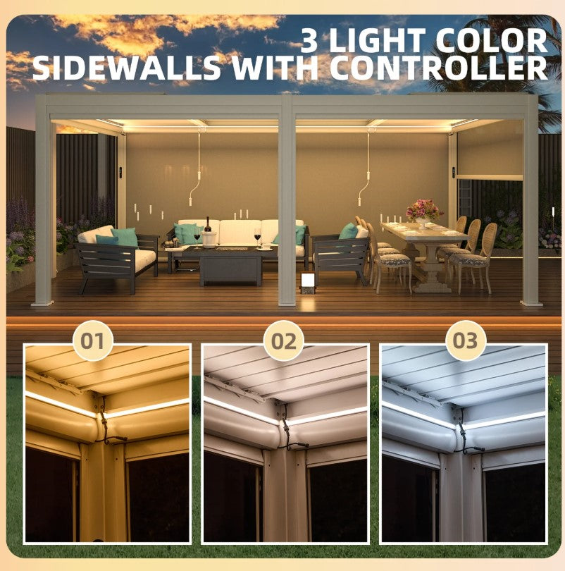 EROMMY 12x20 Pergola with Remote-Controlled Shade & LED Lights SP-EY-US-WQG101BK