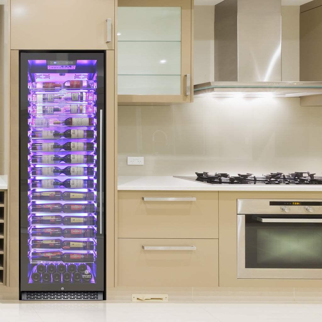 Vinotemp Backlit Series Commercial 168 Single-Zone Wine Cooler, Left Hinge, 141 Bottle Capacity, in Black EL-168COMM