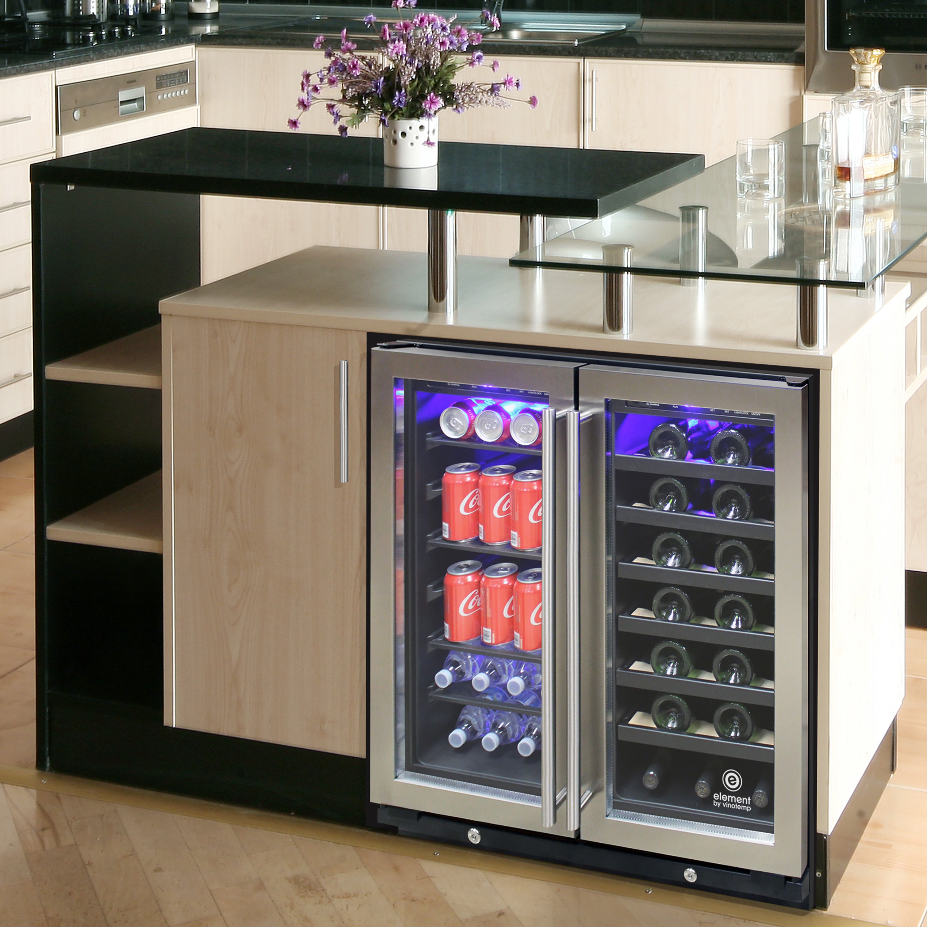 Vinotemp Connoisseur Series Dual-Zone 30" Wine and Beverage Cooler, 33 Bottles and 101 12 oz Can Capacity, in Black EL-30SWCB2D
