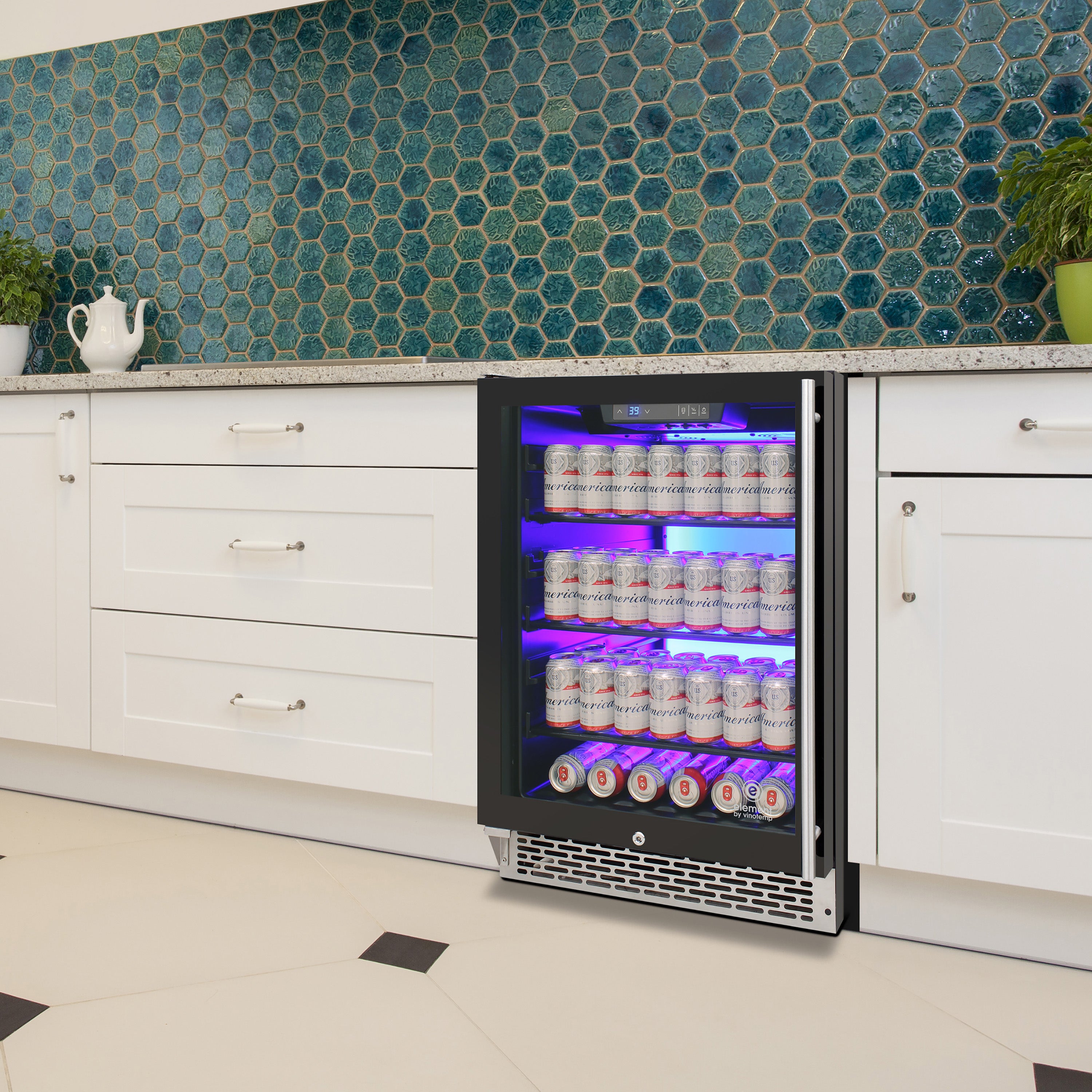 Vinotemp Backlit Series Commercial Beverage Cooler, Left Hinge, 117 Can Capacity, in Black EL-54BCCOMM-L