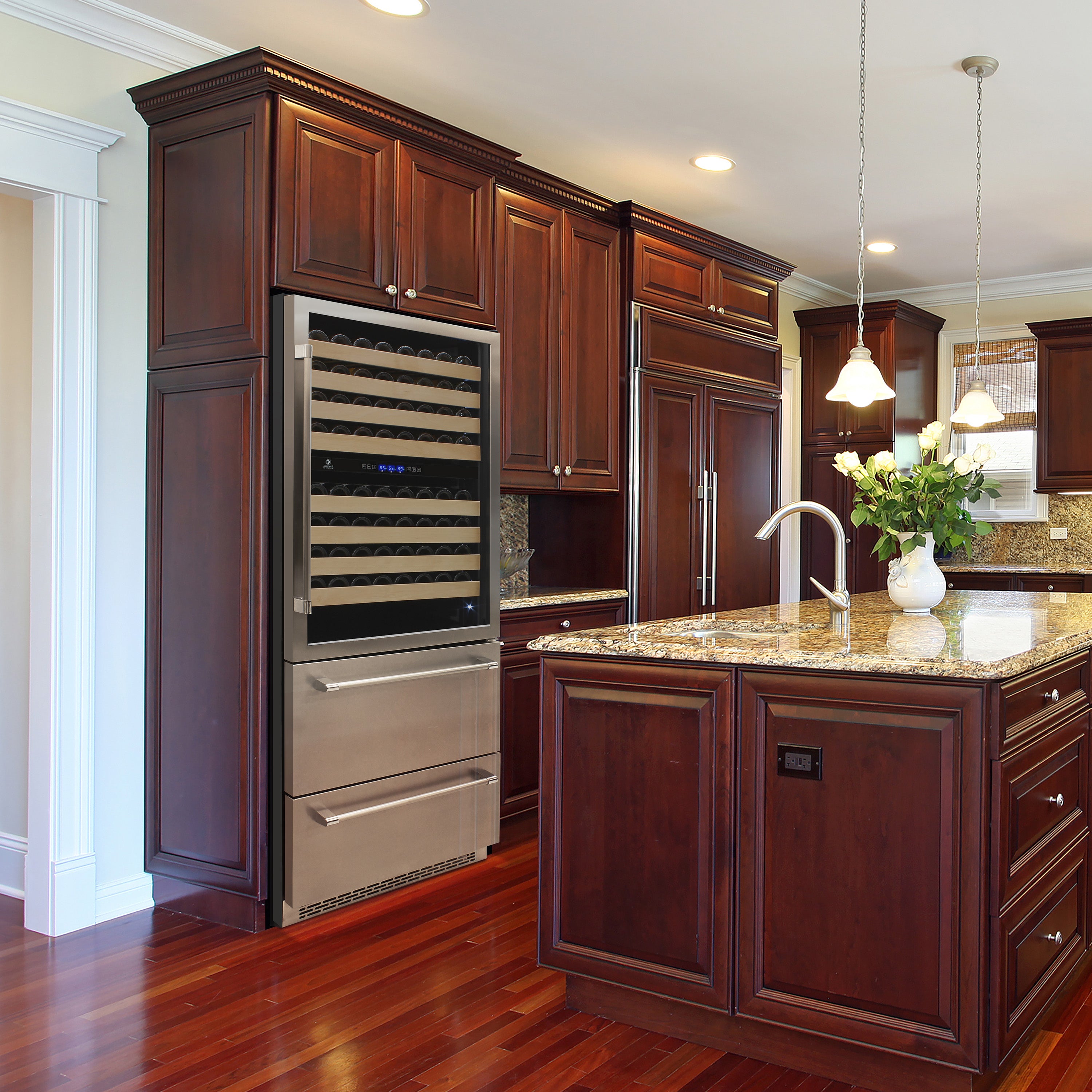 Vinotemp Connoisseur Series Triple-Zone Wine and 2 Drawer Beverage Cooler, 135 Bottle Capacity, in Stainless Steel EL-BWC30TB-S