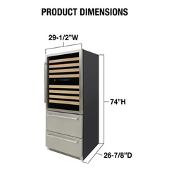 Vinotemp Connoisseur Series Triple-Zone Wine and 2 Drawer Beverage Cooler, 135 Bottle Capacity, in Stainless Steel EL-BWC30TB-S