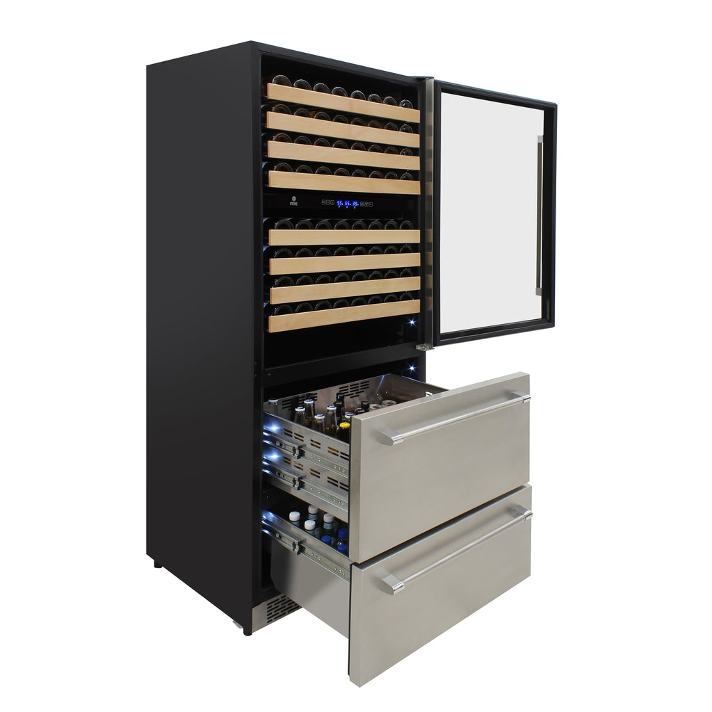 Vinotemp Connoisseur Series Triple-Zone Wine and 2 Drawer Beverage Cooler, 135 Bottle Capacity, in Stainless Steel EL-BWC30TB-S