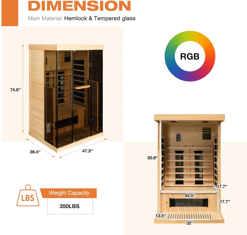 EROMMY Infrared Sauna 2 Person with Chromotherapy Heater for Home or Gym EY-WGAH002MS