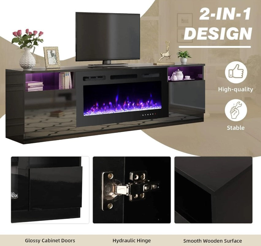 EROMMY 70 Inch Entertainment TV Stand with Fireplace for TVs Up to 80 Inch - Black WQHM-026BK-A1-WQHM-026BK-B-SP-EY-US