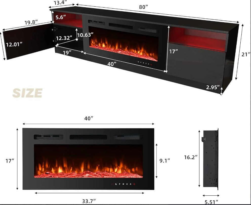 EROMMY 80 inch TV Stand with 40 inch Electric Fireplace SP-EY-US-WQHM-021BK