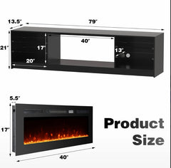 EROMMY 79 Inch Contemporary Electric Fireplace TV Stand with LED Lights – Black WQHM-137BK-A-WQHM-137BK-B-B-SP-EY-US