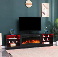 EROMMY 79 Inch Contemporary Electric Fireplace TV Stand with LED Lights – Black WQHM-137BK-A-WQHM-137BK-B-B-SP-EY-US