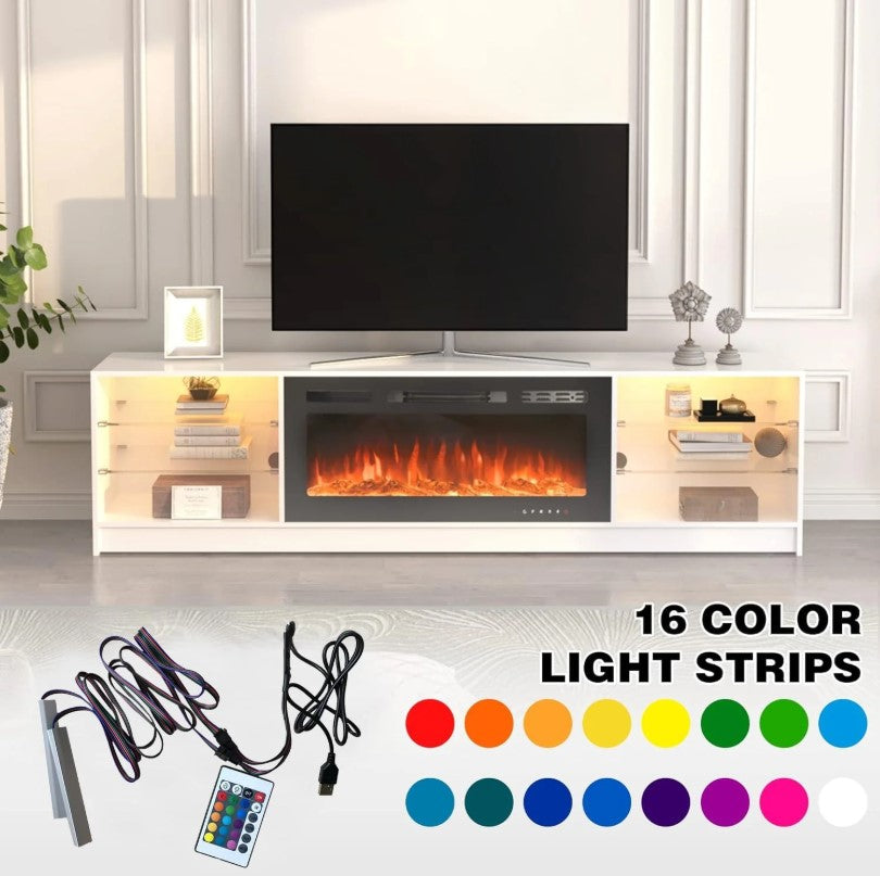 EROMMY 79 Inch Contemporary Electric Fireplace TV Stand with LED Lights – White WQHM-137WH-A-WQHM-137BK-B-SP-EY-US