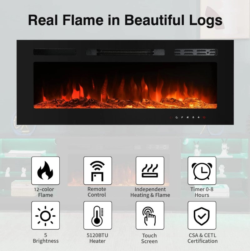 EROMMY 79 Inch Contemporary Electric Fireplace TV Stand with LED Lights – White WQHM-137WH-A-WQHM-137BK-B-SP-EY-US