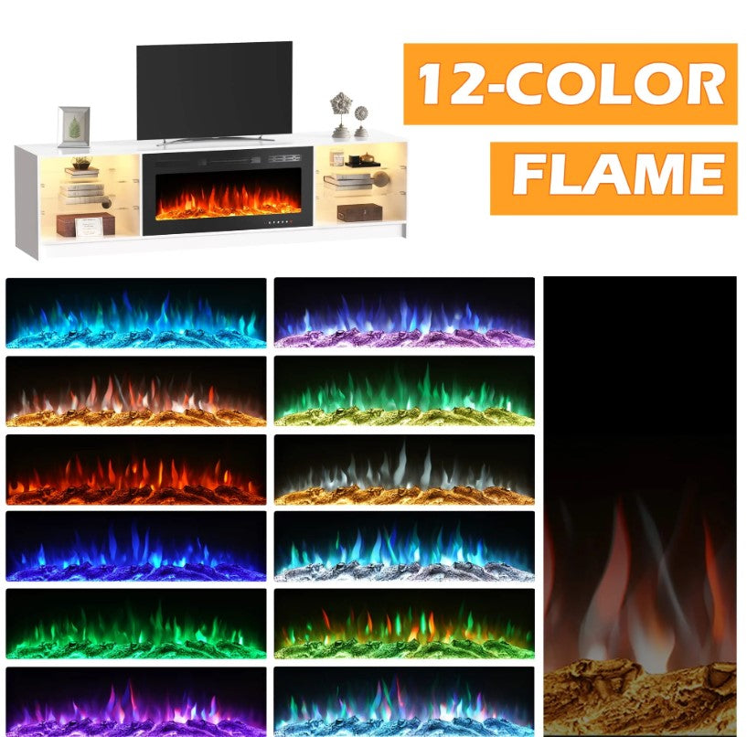 EROMMY 79 Inch Contemporary Electric Fireplace TV Stand with LED Lights – White WQHM-137WH-A-WQHM-137BK-B-SP-EY-US