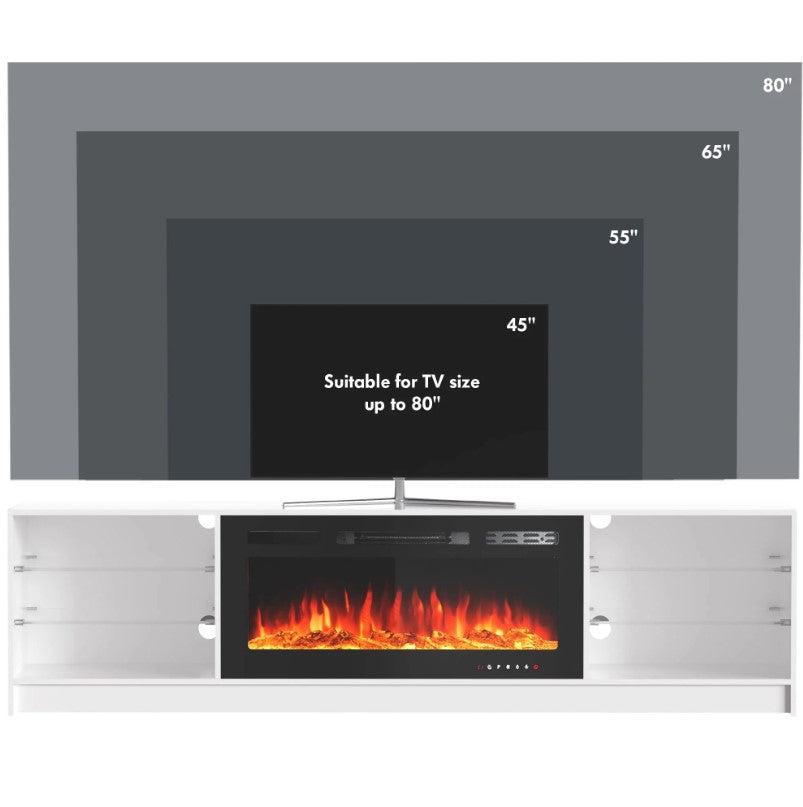 EROMMY 79 Inch Contemporary Electric Fireplace TV Stand with LED Lights – White WQHM-137WH-A-WQHM-137BK-B-SP-EY-US