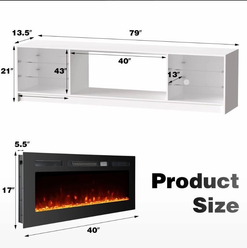 EROMMY 79 Inch Contemporary Electric Fireplace TV Stand with LED Lights – White WQHM-137WH-A-WQHM-137BK-B-SP-EY-US