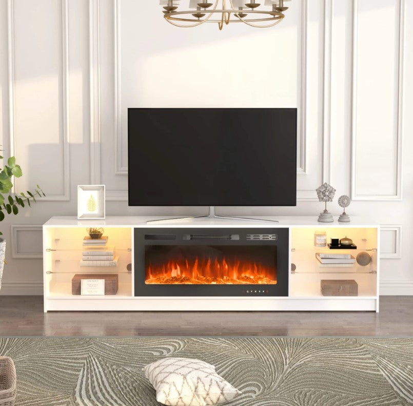 EROMMY 79 Inch Contemporary Electric Fireplace TV Stand with LED Lights – White WQHM-137WH-A-WQHM-137BK-B-SP-EY-US