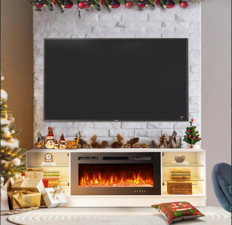 EROMMY 79 Inch Contemporary Electric Fireplace TV Stand with LED Lights – White WQHM-137WH-A-WQHM-137BK-B-SP-EY-US