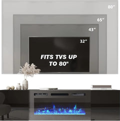 EROMMY 70 Inch Floating TV Stand with Fireplace - Black SP-EY-US-WQHM043BK