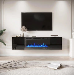 EROMMY 70 Inch Floating TV Stand with Fireplace - Black SP-EY-US-WQHM043BK