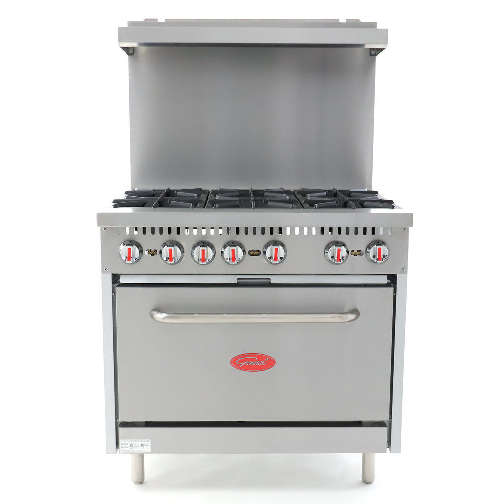 General Foodservice Gas Range with Oven, 6 Burners, 180,000 BTU, 36", in Stainless Steel GR6-36