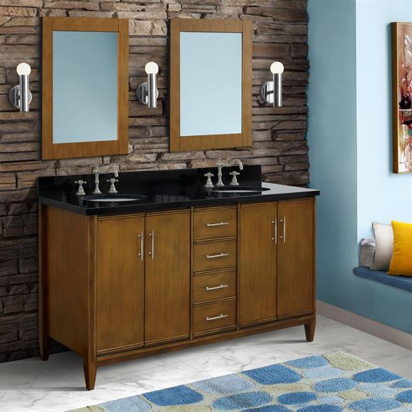 Bellaterra MCM 61 in. Double Sink Vanity in Walnut Finish with Countertop and Sink 400901-61D-WA-BGO