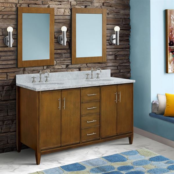 Bellaterra MCM 61 in. Double Sink Vanity in Walnut Finish with Countertop and Sink 400901-61D-WA-BGO