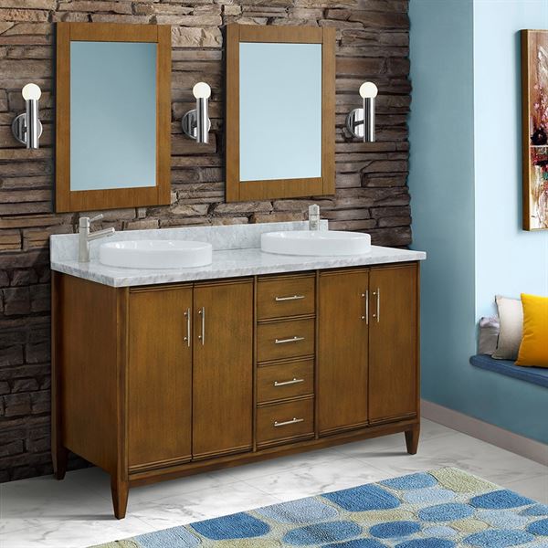Bellaterra MCM 61 in. Double Sink Vanity in Walnut Finish with Countertop and Sink 400901-61D-WA-BGO