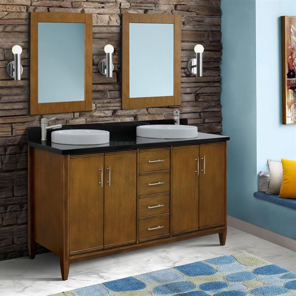 Bellaterra MCM 61 in. Double Sink Vanity in Walnut Finish with Countertop and Sink 400901-61D-WA-BGO