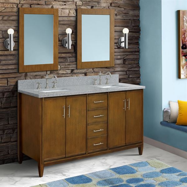 Bellaterra MCM 61 in. Double Sink Vanity in Walnut Finish with Countertop and Sink 400901-61D-WA-BGO