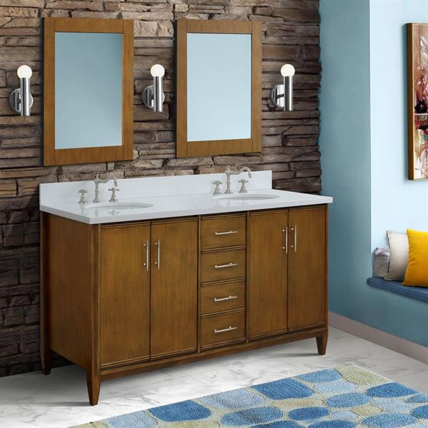 Bellaterra MCM 61 in. Double Sink Vanity in Walnut Finish with Countertop and Sink 400901-61D-WA-BGO
