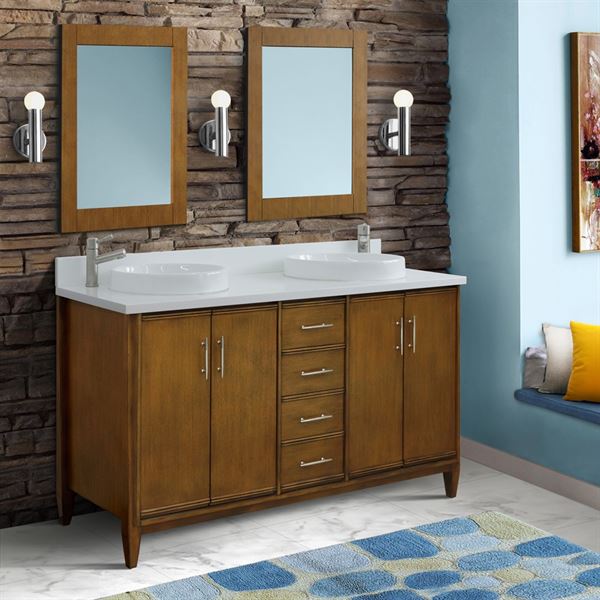 Bellaterra MCM 61 in. Double Sink Vanity in Walnut Finish with Countertop and Sink 400901-61D-WA-BGO