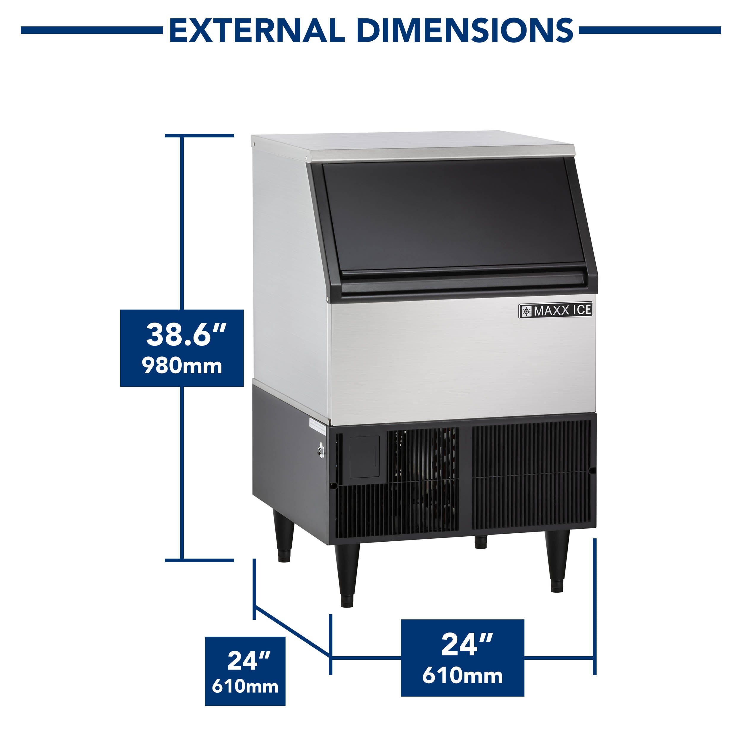 Maxx Ice Self-Contained Ice Machine, 260 lbs, Full Dice Ice Cubes, with 75 lb Built-in Ice Storage Bin, in Stainless Steel with Black Trim MIM250