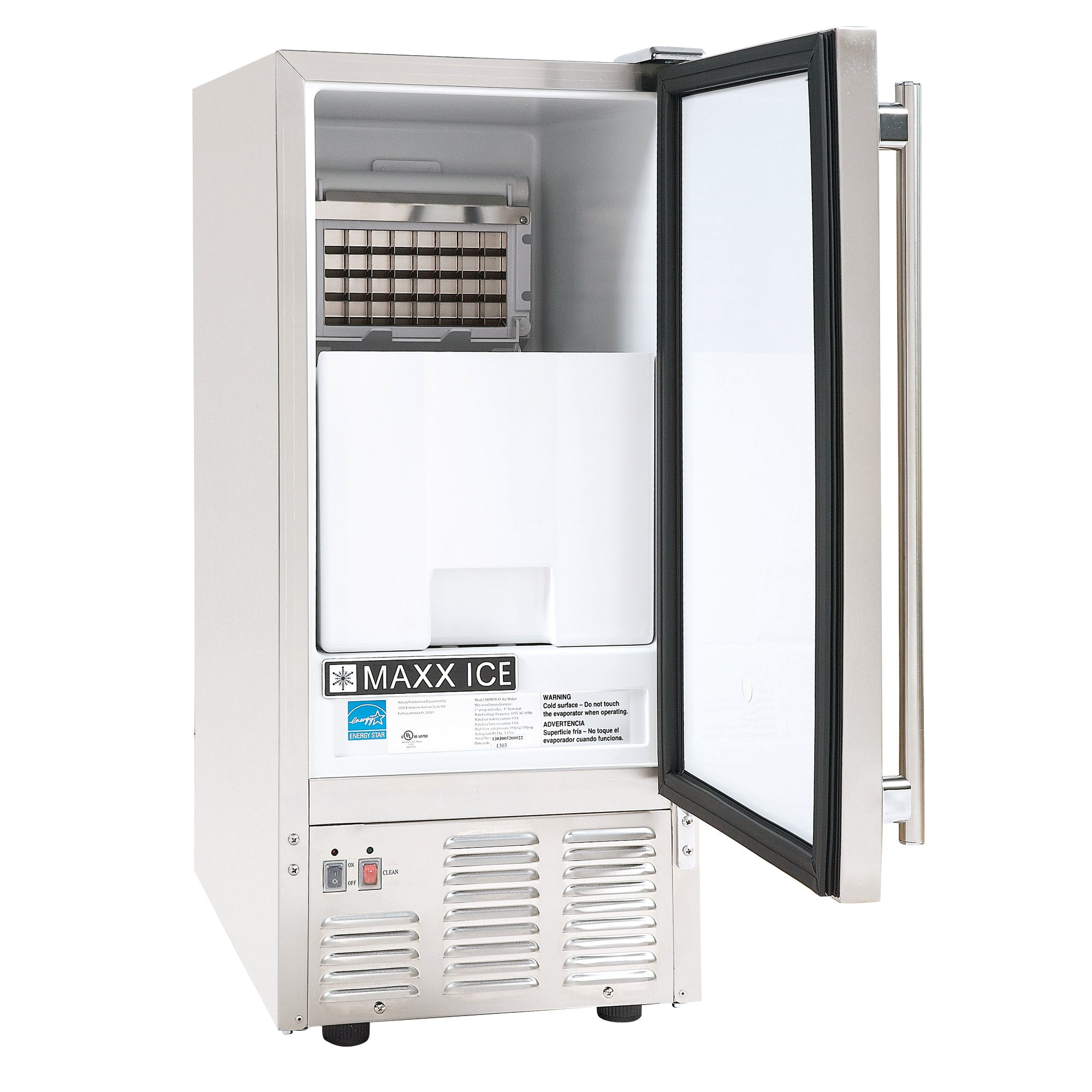 Maxx Ice Self-Contained Outdoor Ice Machine, 15"W, 60 lbs, Full Dice Ice Cubes, Energy Star Listed, in Stainless Steel MIM50-O