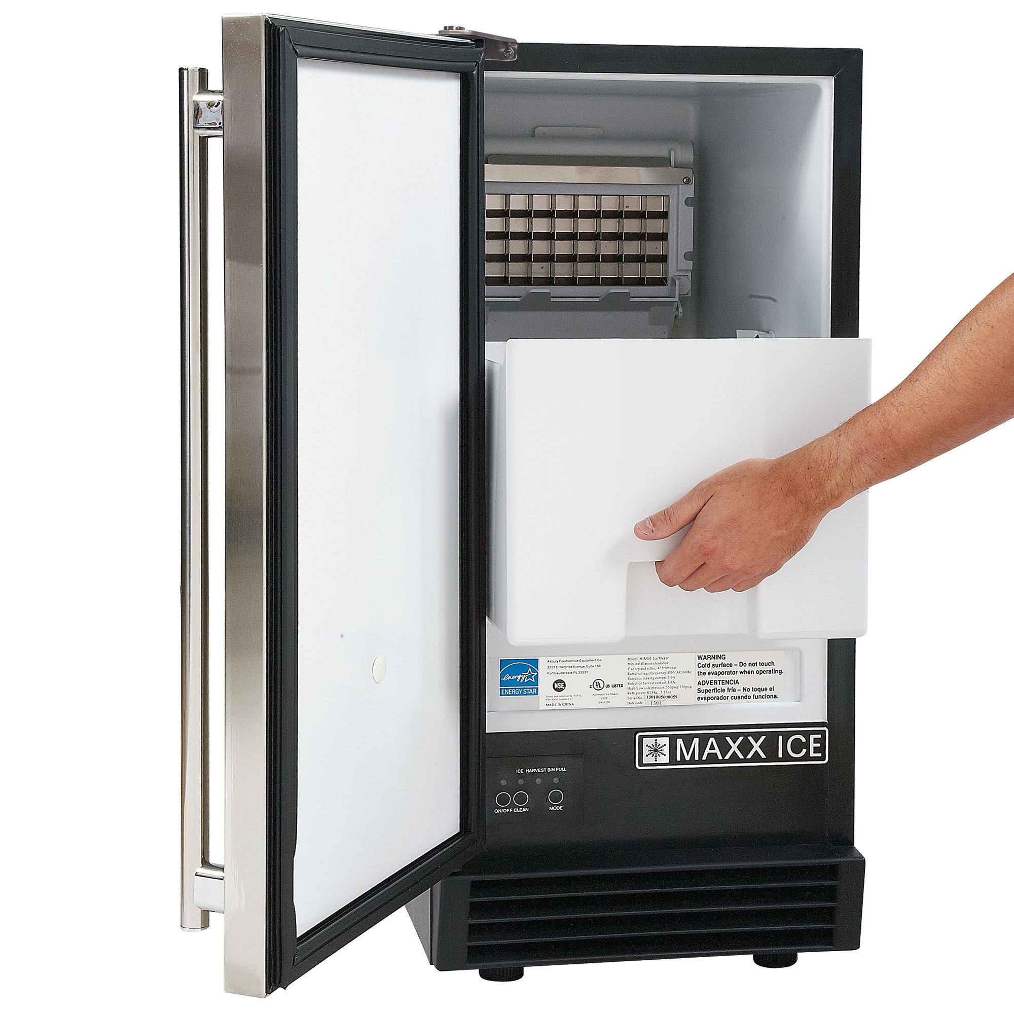 Maxx Ice Premium Indoor Self-Contained Ice Machine, 15"W, 65 lbs, Full Dice Ice Cubes, Energy Star Listed, in Stainless Steel MIM50P
