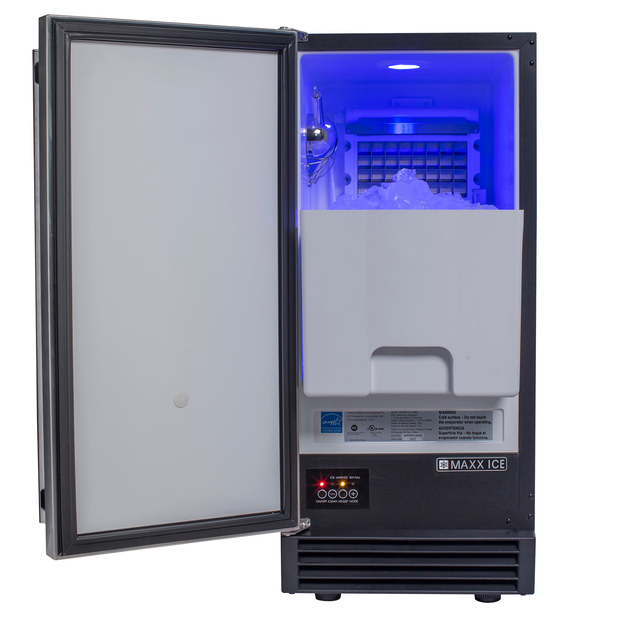 Maxx Ice Premium Indoor Self-Contained Ice Machine, 15"W, 65 lbs, Full Dice Ice Cubes, Energy Star Listed, in Stainless Steel MIM50P