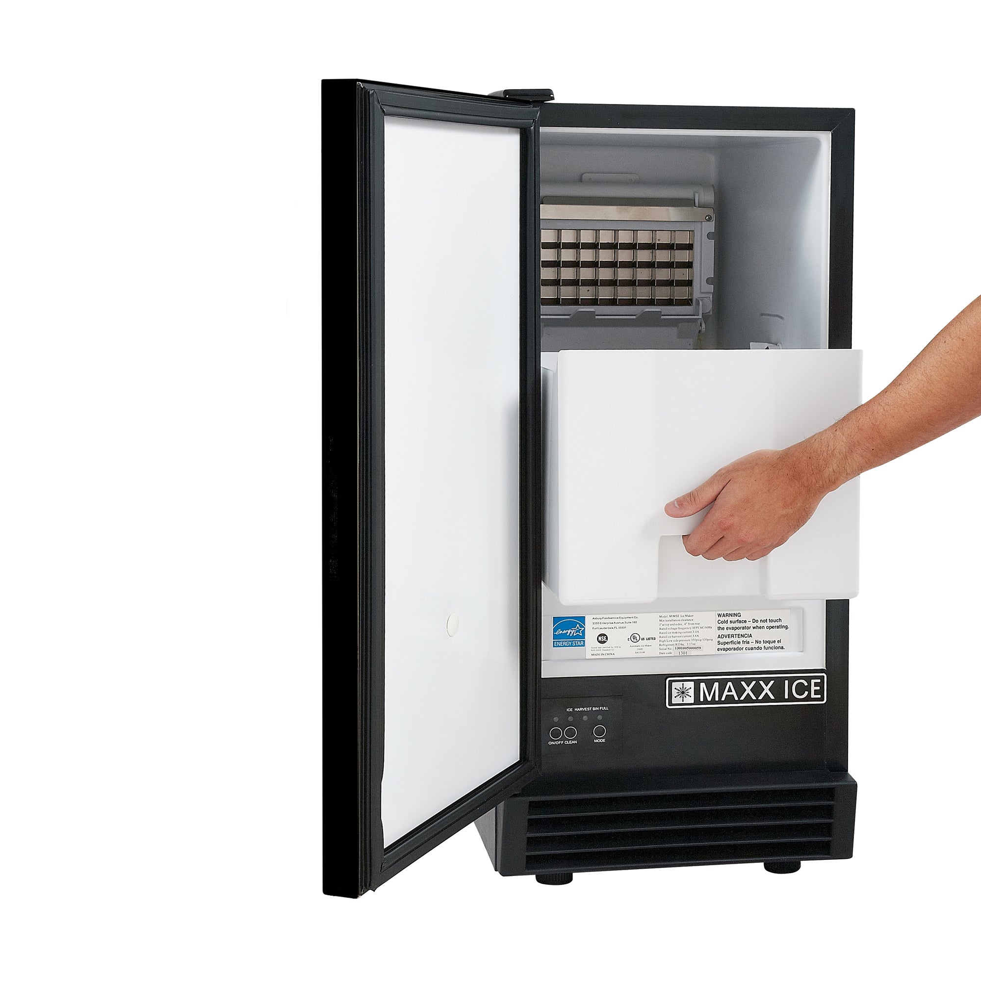 Maxx Ice Self-Contained Indoor Ice Machine, 15"W, 50 lbs, Full Dice Ice Cubes, Energy Star Listed, in Black MIM50V