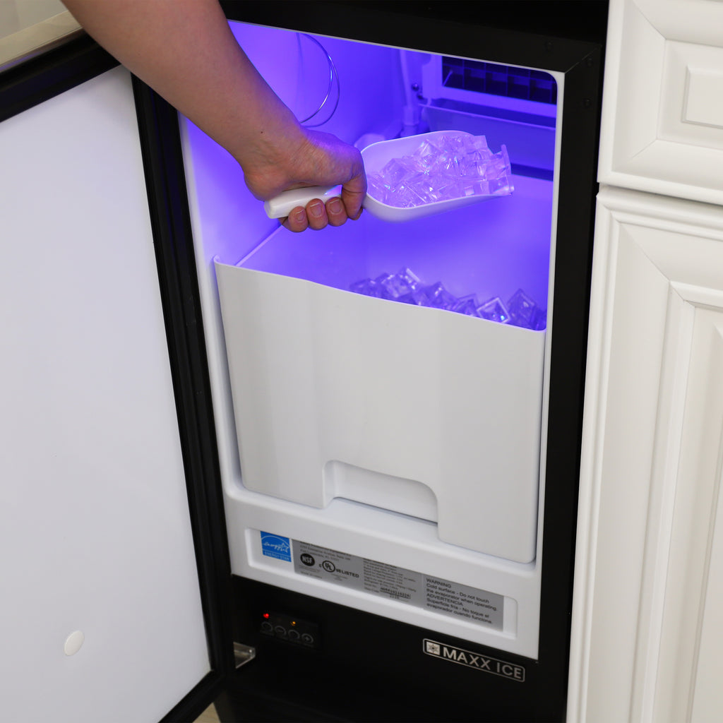 Maxx Ice Self-Contained Indoor Ice Machine, 15"W, 60 lbs, Full Dice Ice Cubes, Energy Star Listed, in Black with Stainless Steel Door MIM50