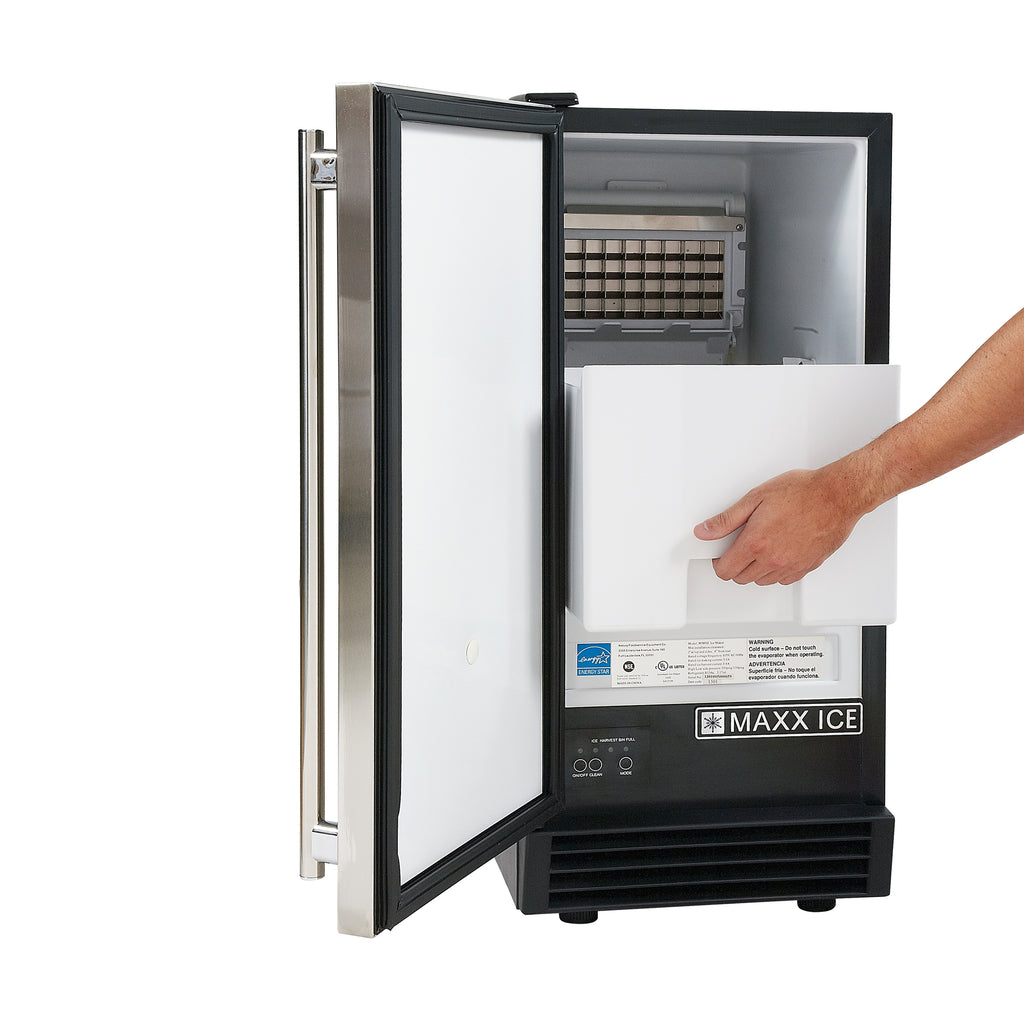 Maxx Ice Self-Contained Indoor Ice Machine, 15"W, 60 lbs, Full Dice Ice Cubes, Energy Star Listed, in Black with Stainless Steel Door MIM50