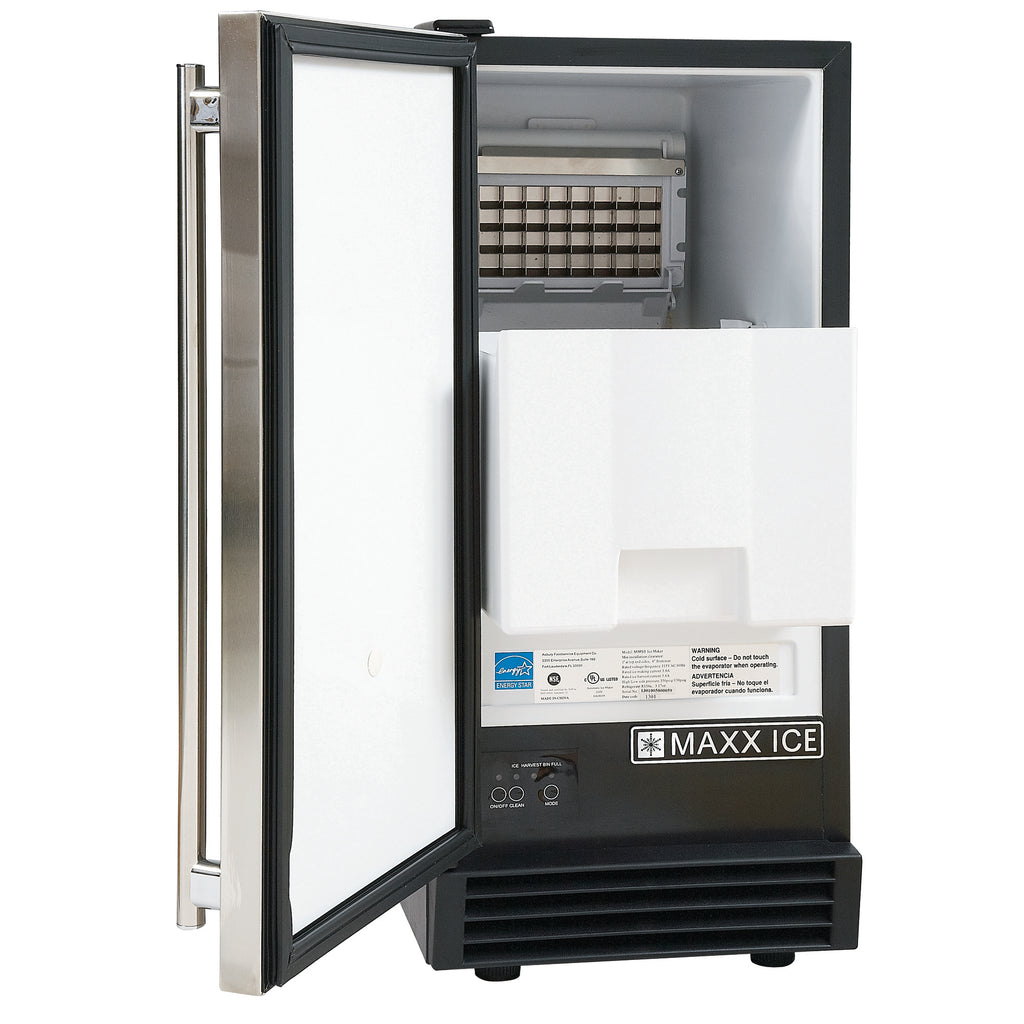 Maxx Ice Self-Contained Indoor Ice Machine, 15"W, 60 lbs, Full Dice Ice Cubes, Energy Star Listed, in Black with Stainless Steel Door MIM50