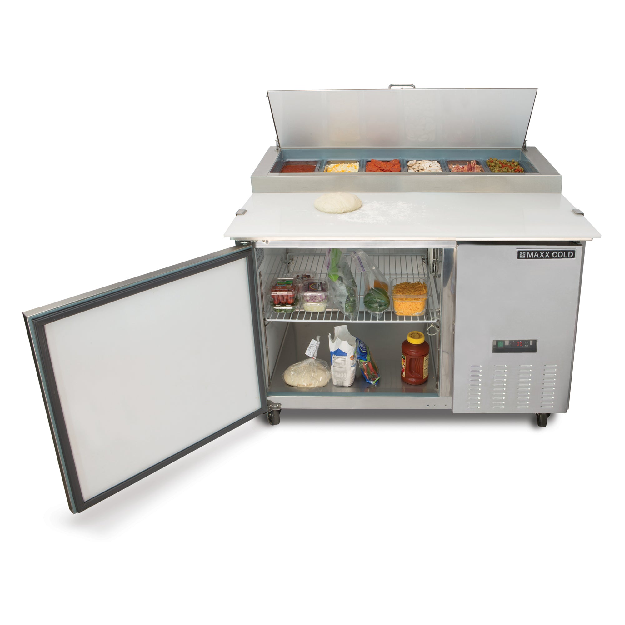 Cold Pre Table Maxx Cold One-Door Refrigerated Pizza Prep Table, 12 cu. ft. Storage C ...