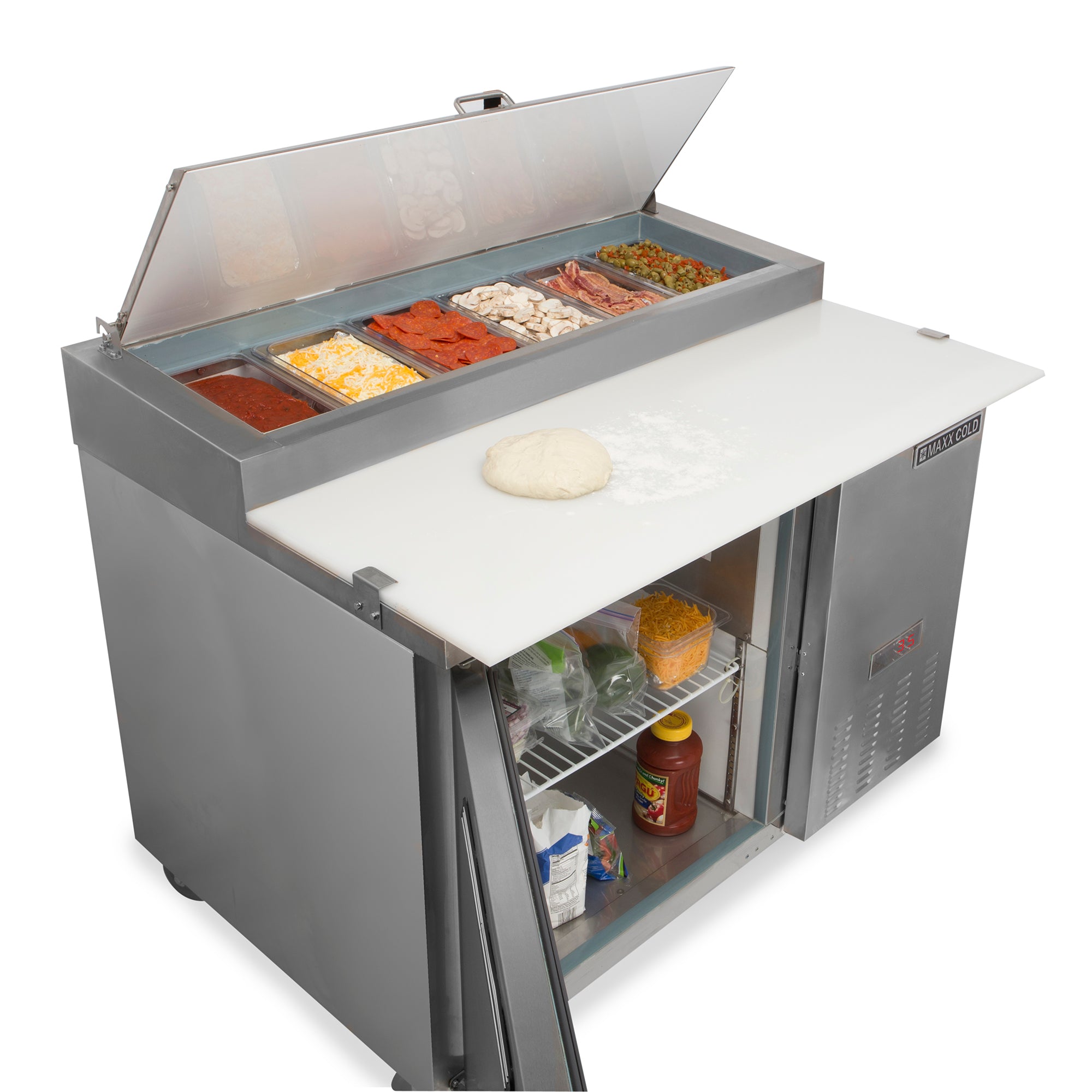 Cold Pre Table Maxx Cold One-Door Refrigerated Pizza Prep Table, 12 cu. ft. Storage C ...