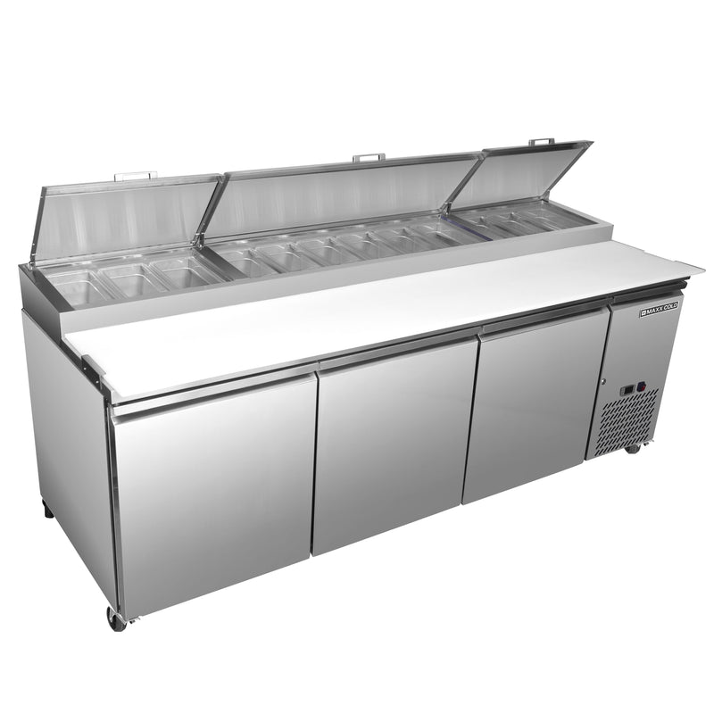 Maxx Cold Three-Door Refrigerated Pizza Prep Table, 30.87 cu. ft. Storage Capacity, Stainless Steel MXSPP92HC