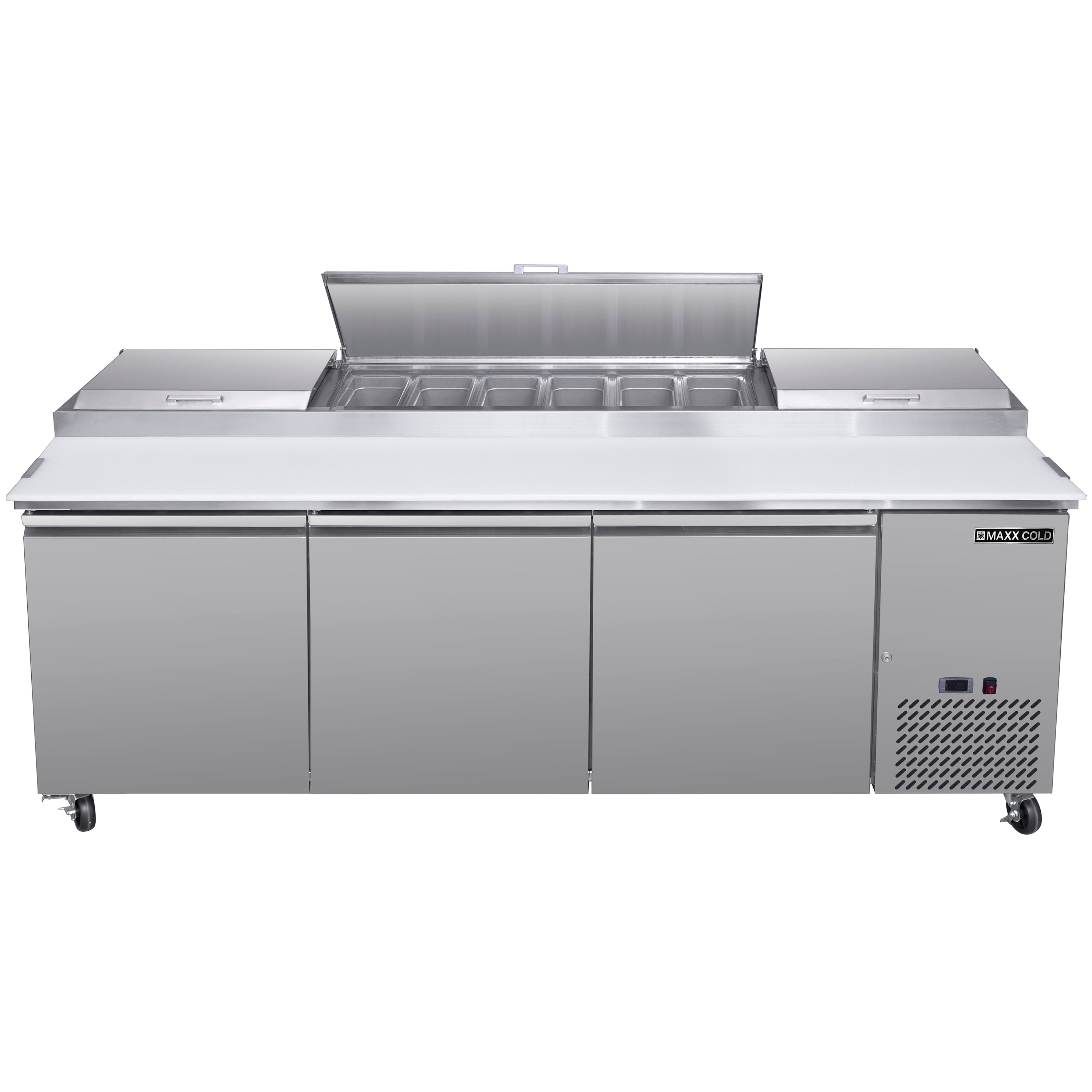 Maxx Cold Three-Door Refrigerated Pizza Prep Table, 30.87 cu. ft. Storage Capacity, Stainless Steel MXSPP92HC