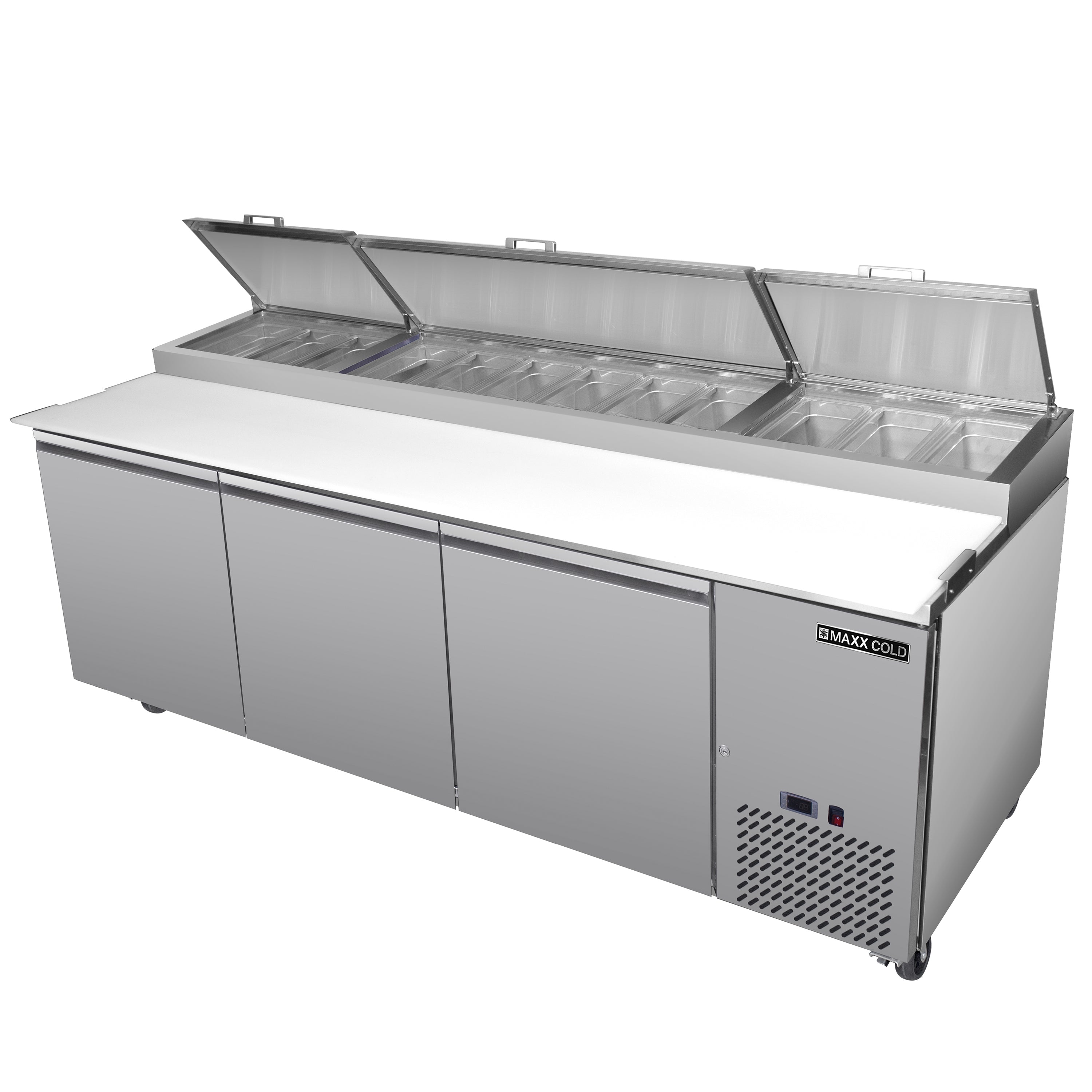 Maxx Cold Three-Door Refrigerated Pizza Prep Table, 30.87 cu. ft. Storage Capacity, Stainless Steel MXSPP92HC