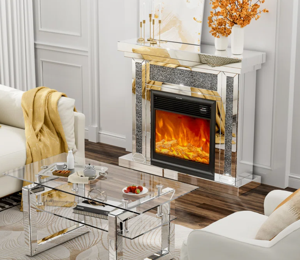 Merrissa Mirrored Electric Fireplace TV Stand with Electronic Fireplace
